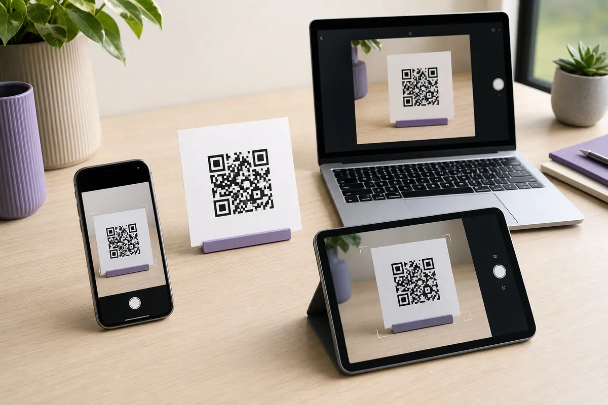 Phone, tablet and laptop reading the same printed QR code