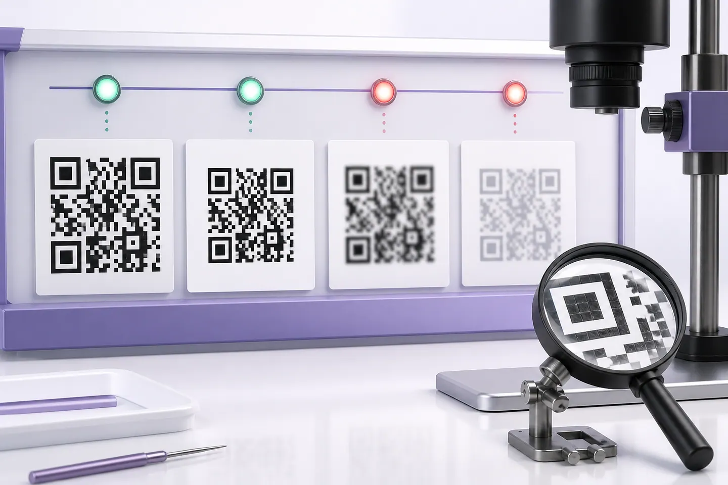 QR code samples tested for resolution, cropped margin, blurred edges, and low contrast