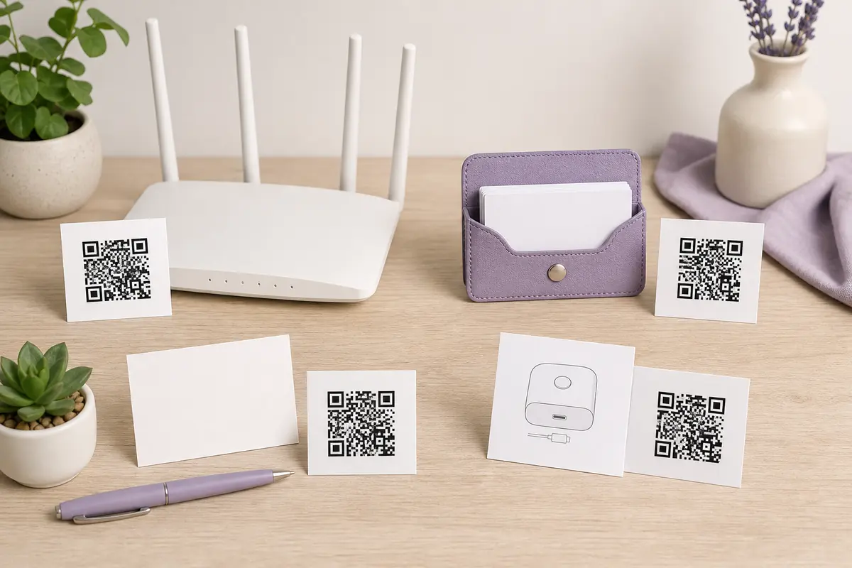 QR code cards arranged beside a Wi-Fi router, contact cards and device information