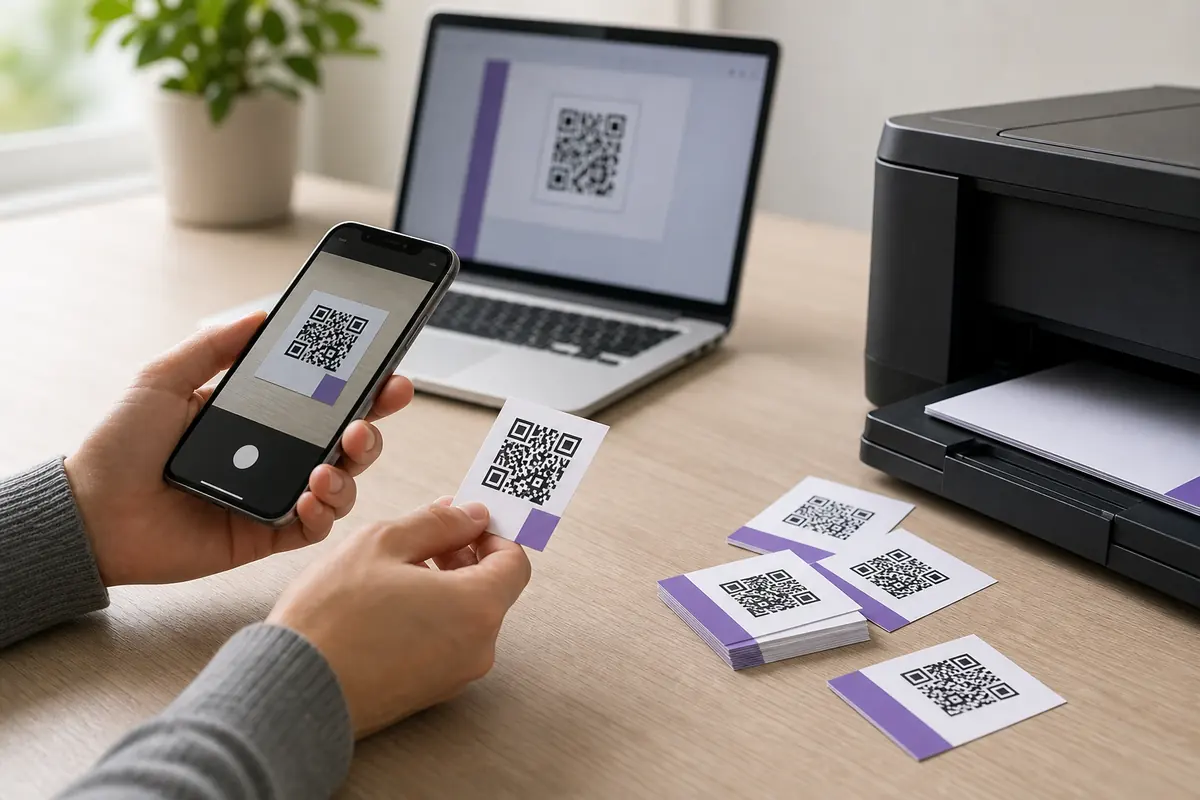 Phone verifying a freshly printed QR code beside a laptop and printer