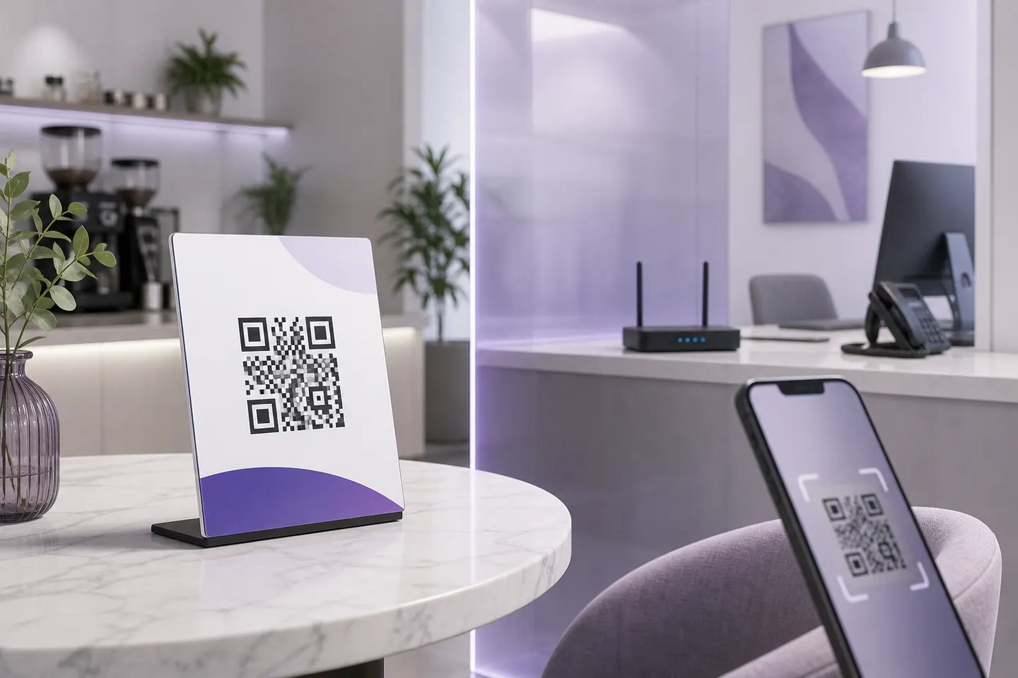 Printed guest Wi-Fi QR sign separated from protected office network devices