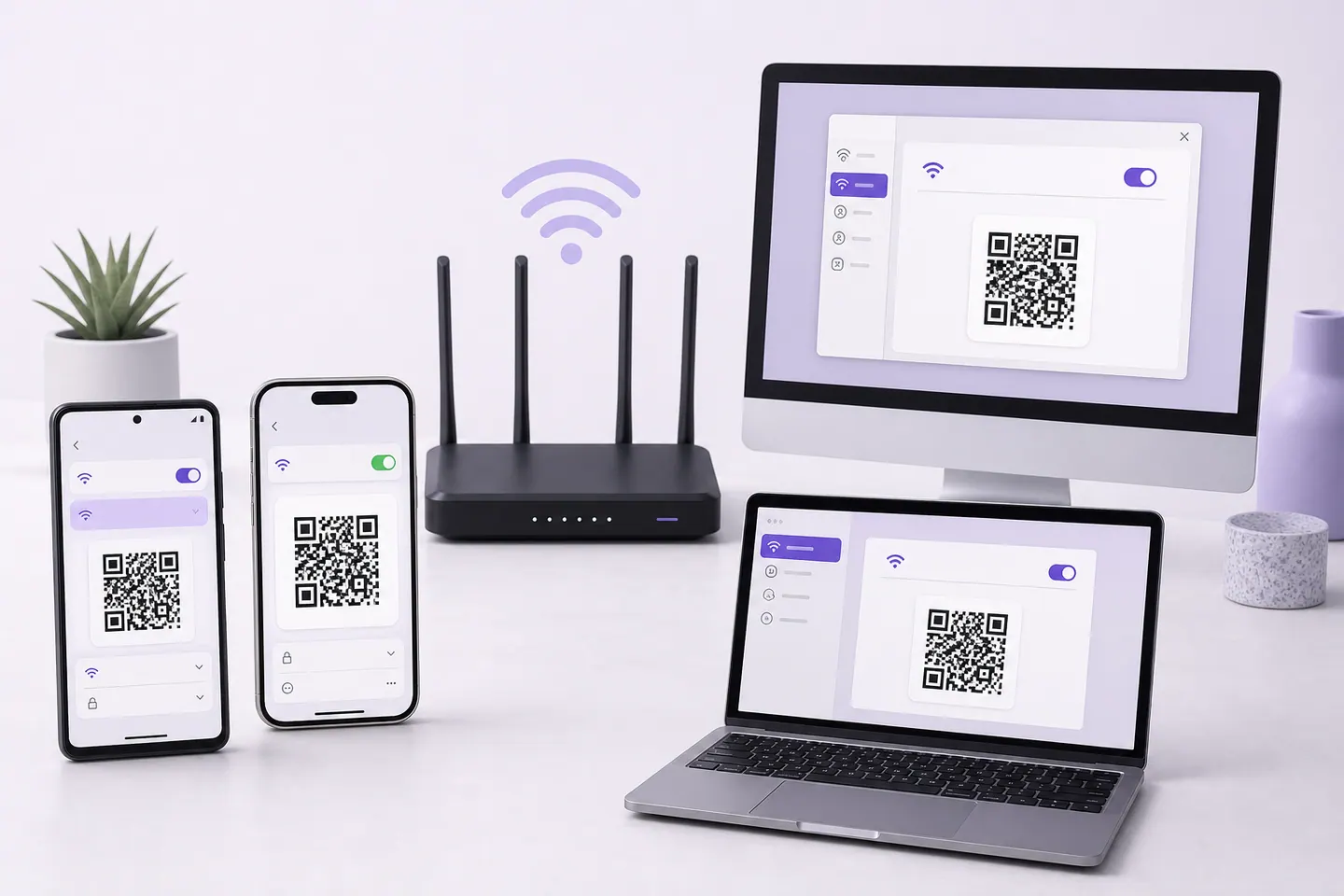 Generic phones and computers displaying Wi-Fi QR codes from their network settings