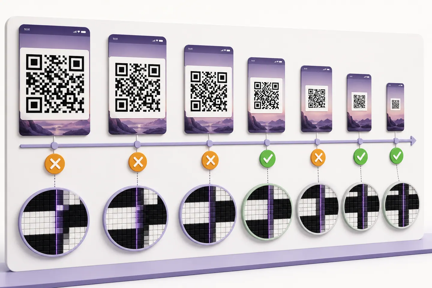 The same QR screenshot resized through alternating failed and successful decoding widths
