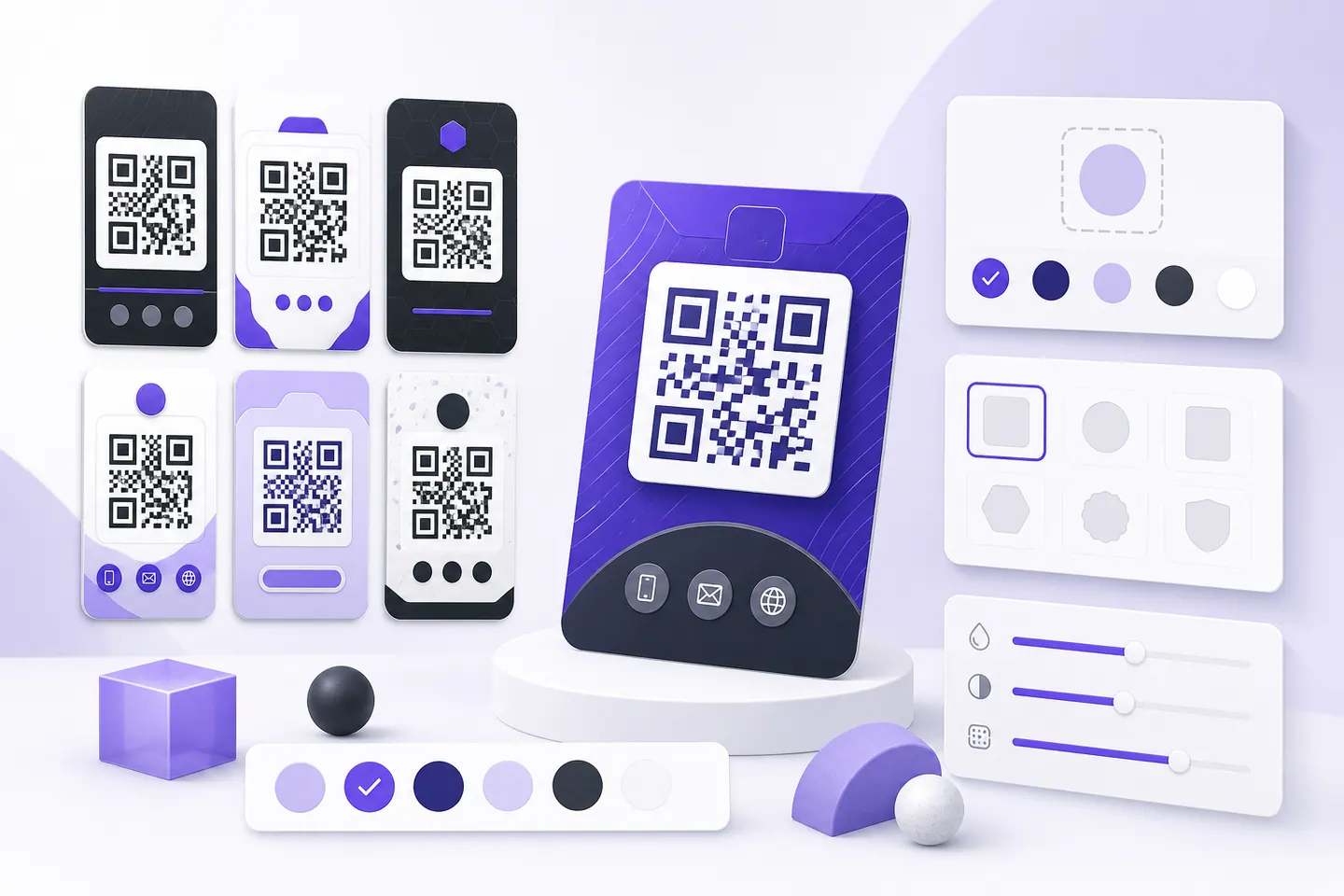 QR code design cards with color, shape, and logo customization options