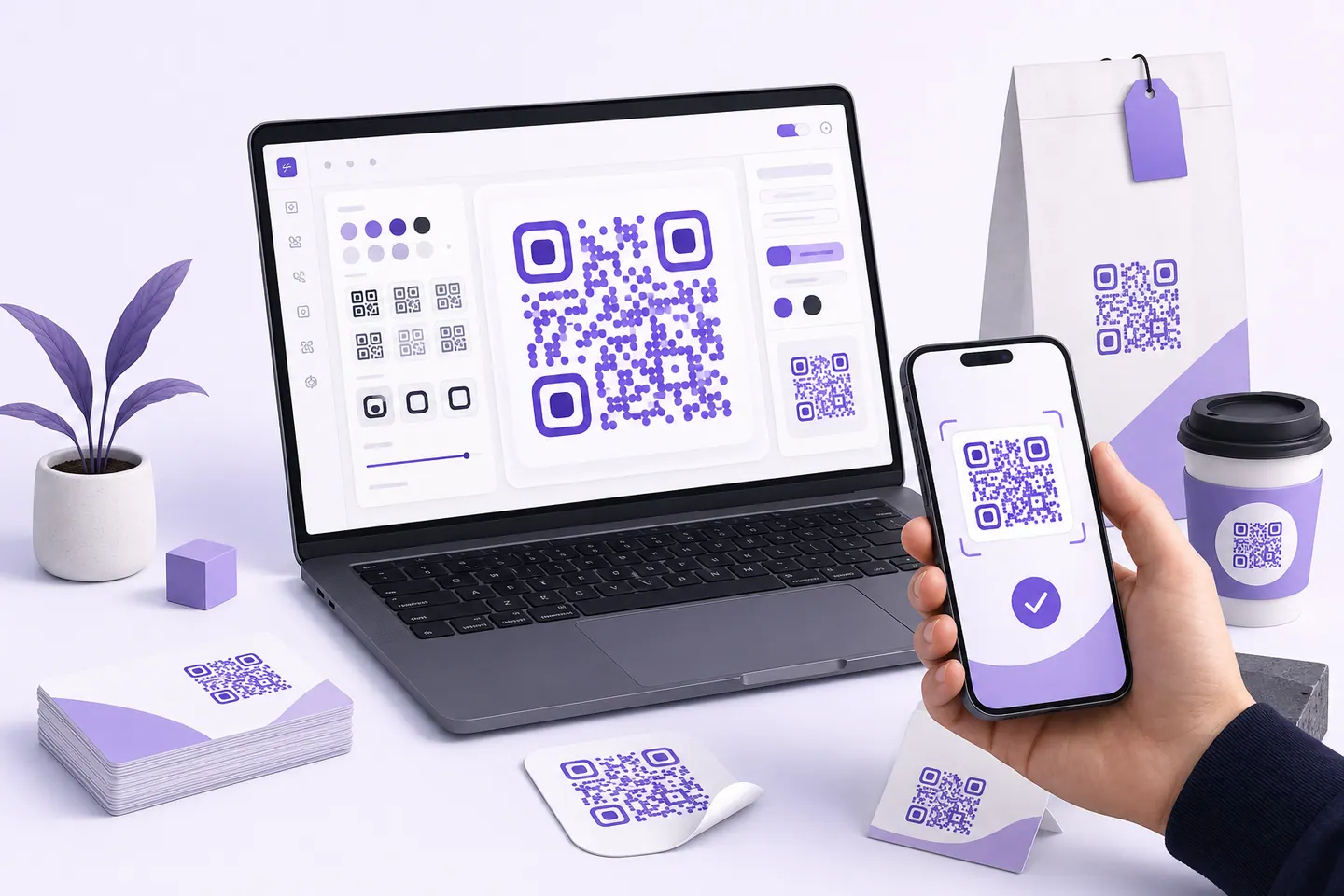 QRMakery design workspace with a customized QR code and successful phone scan