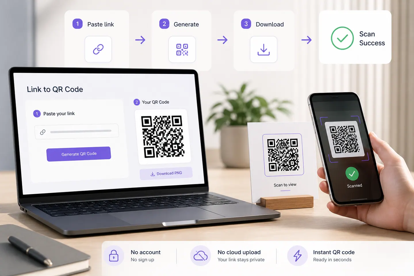 Web link converted into a QR code, downloaded, printed, and successfully scanned