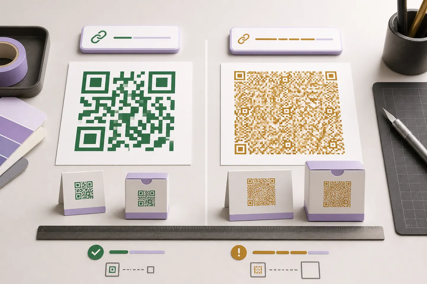 Short clean link and tracking-heavy campaign link compared as sparse and dense QR codes