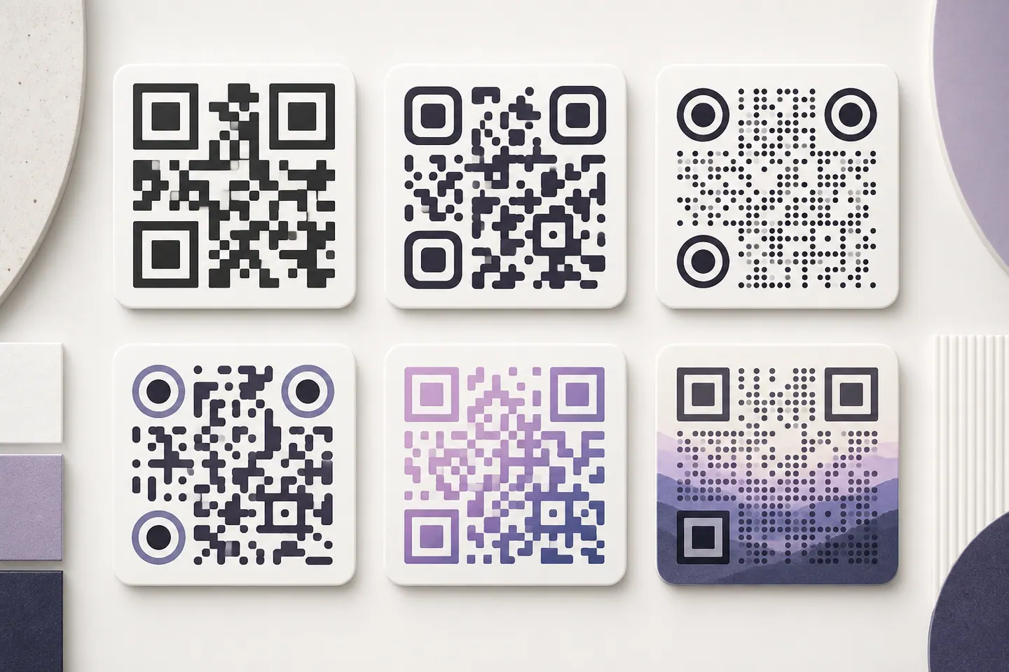 Six artistic QR code styles comparing square, rounded, dotted, circular, gradient, and image-backed designs