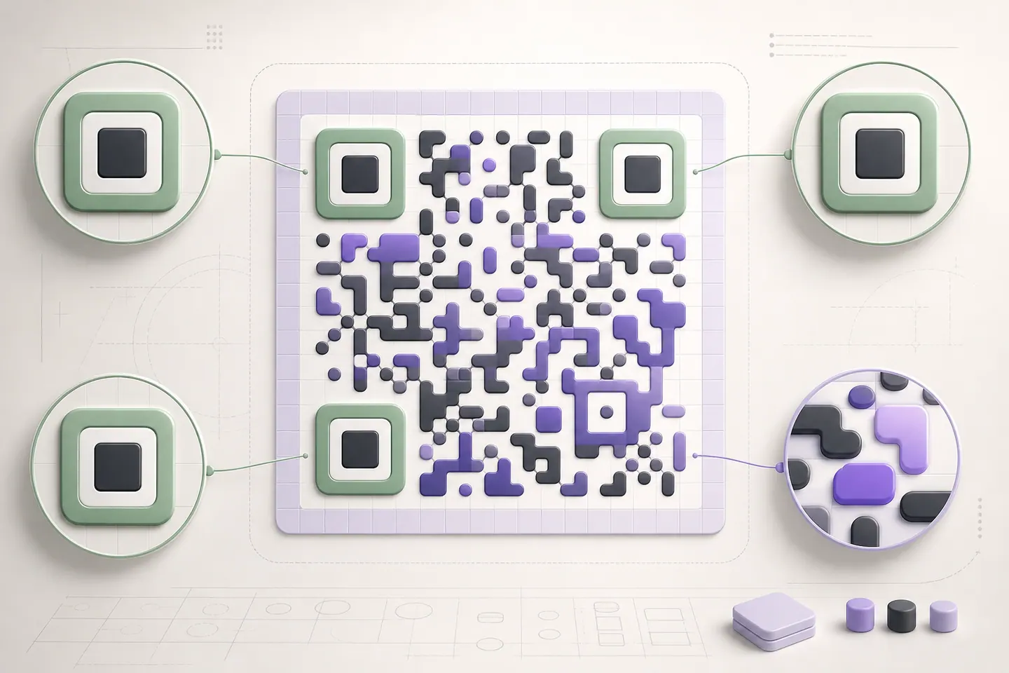 Three protected QR finder patterns highlighted around decorative modules and a clear margin