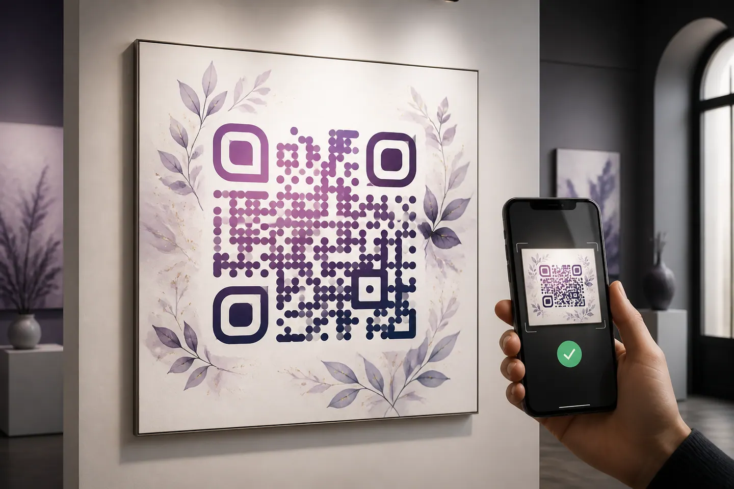 Artistic violet QR code with rounded modules and botanical details being verified by phone