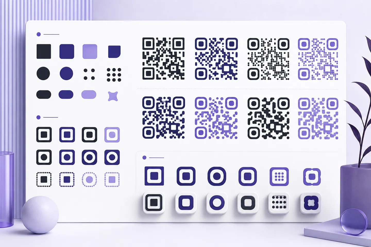 Design board comparing QR module and finder-eye shape combinations