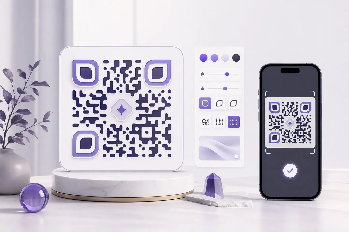 Custom QR code with rounded modules, styled finder shapes, and scan check