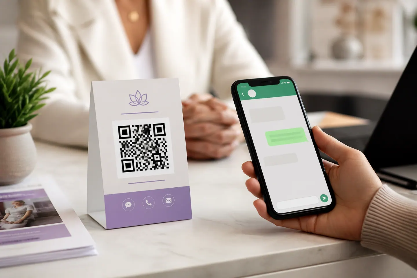 Business contact QR card opening a prepared chat on a smartphone