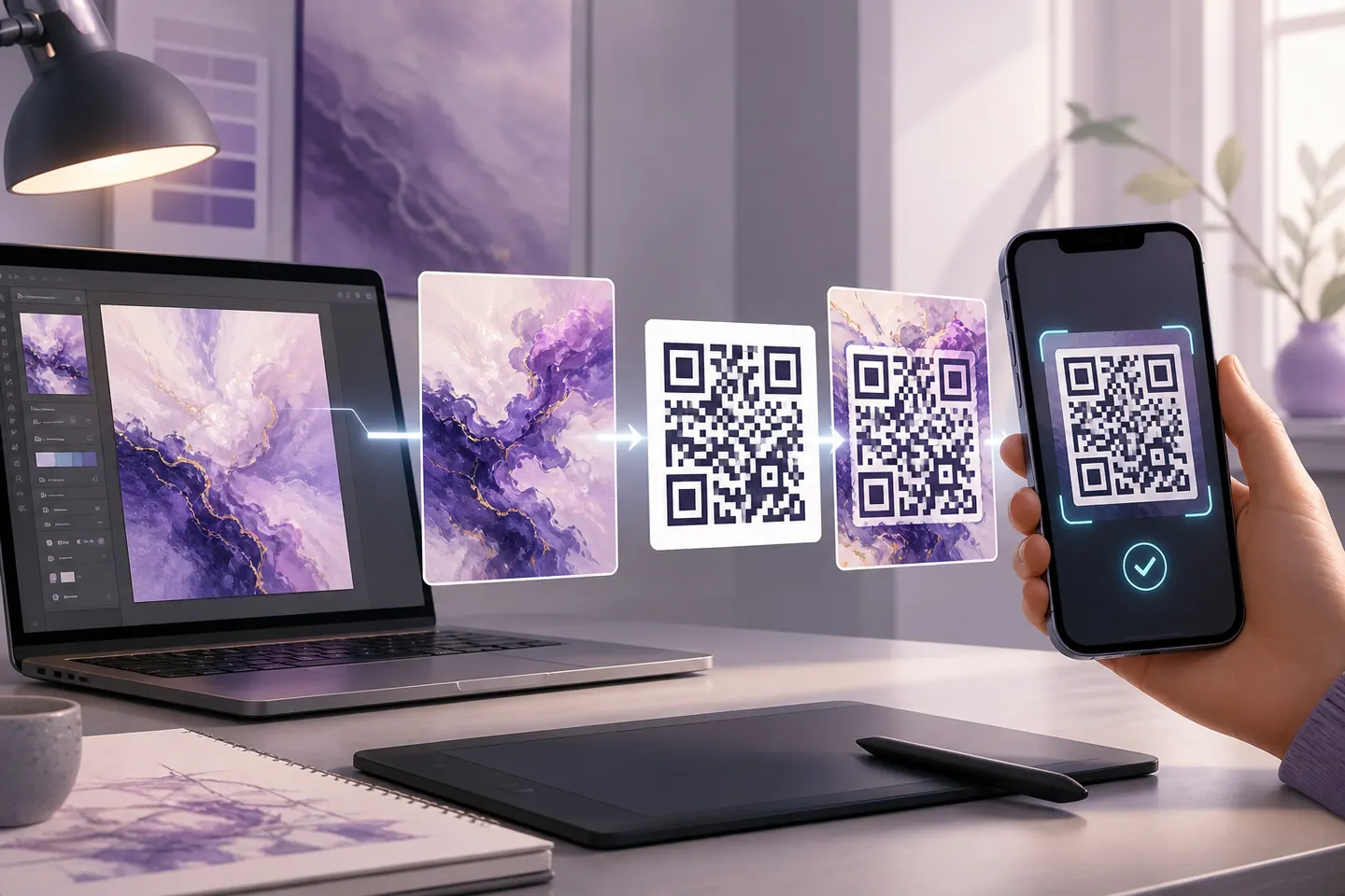 Artistic AI background combined with a precise QR code and verified by a phone scan