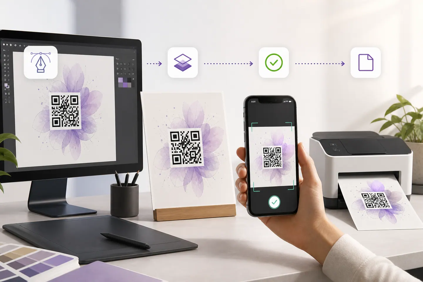 Artwork faded behind a crisp QR code before scan verification and print export