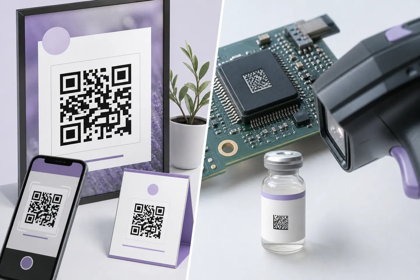 QR codes used on public signs beside Data Matrix marks on a circuit board and vial