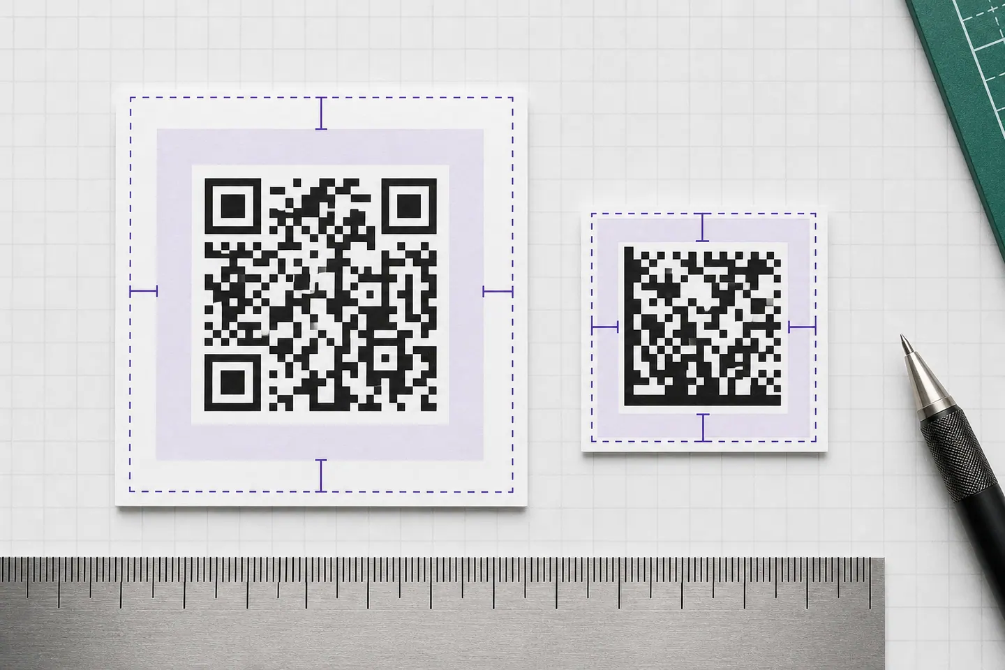 Larger QR code quiet zone compared with the compact margin around a Data Matrix