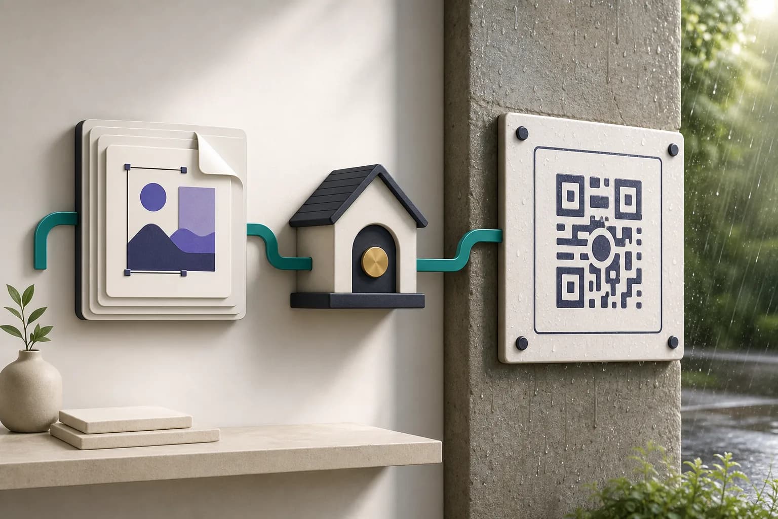 An archived master file and owned domain connected to a weather-resistant printed QR plaque