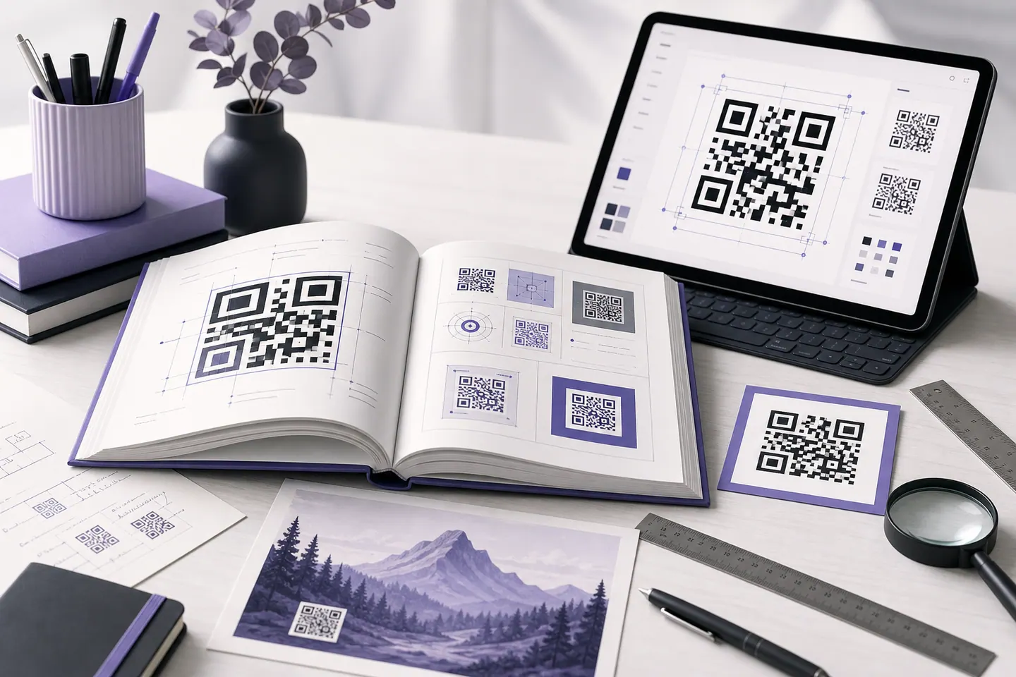 QR code research desk with an open guide, tablet, ruler, and test samples