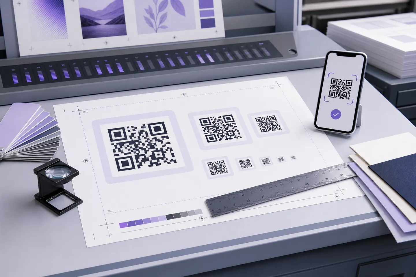 Print proofing desk comparing QR code sizes and scan results