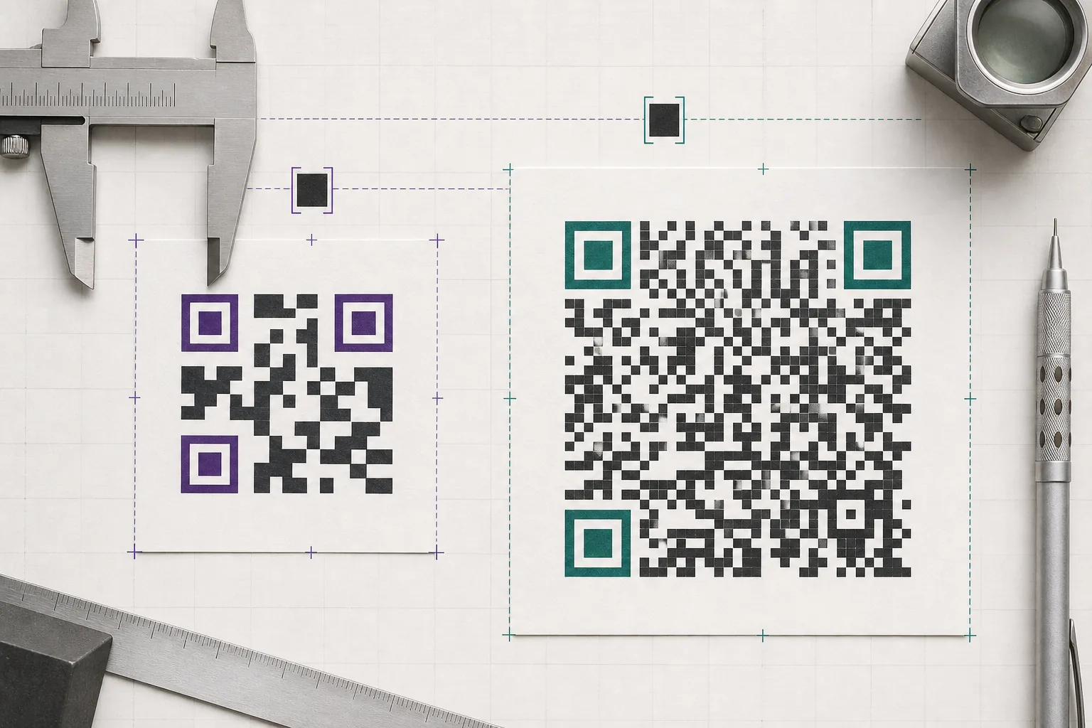 A small sparse QR pattern beside a larger dense pattern aligned on a print measurement grid