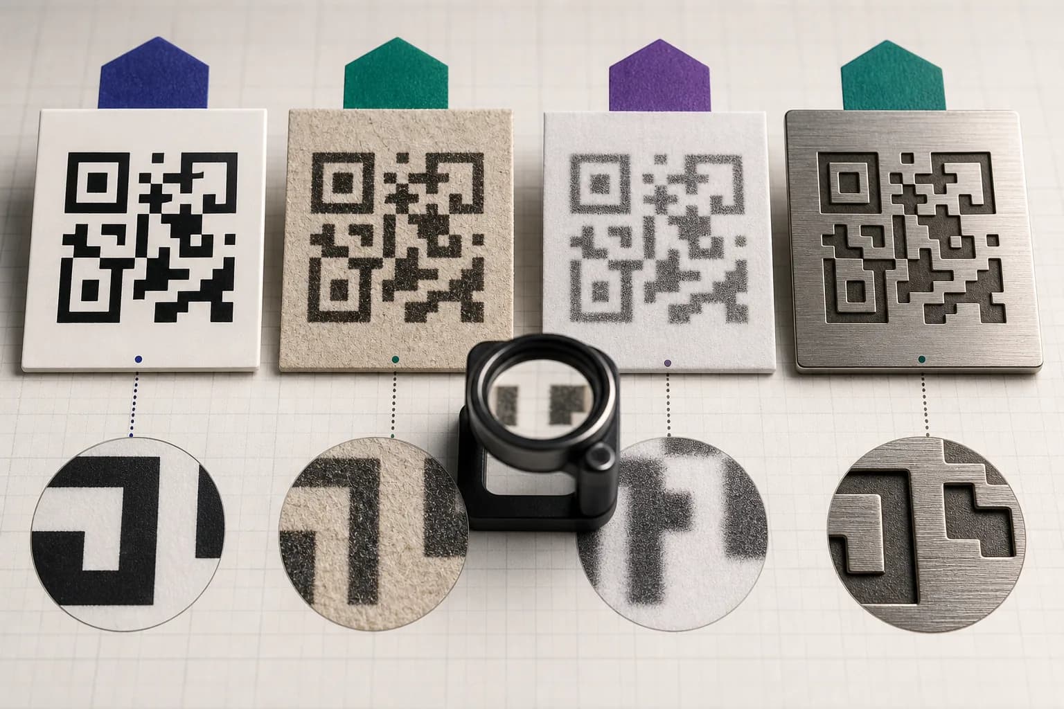 Matching QR pattern fragments printed on coated paper, recycled stock, thermal paper and etched metal