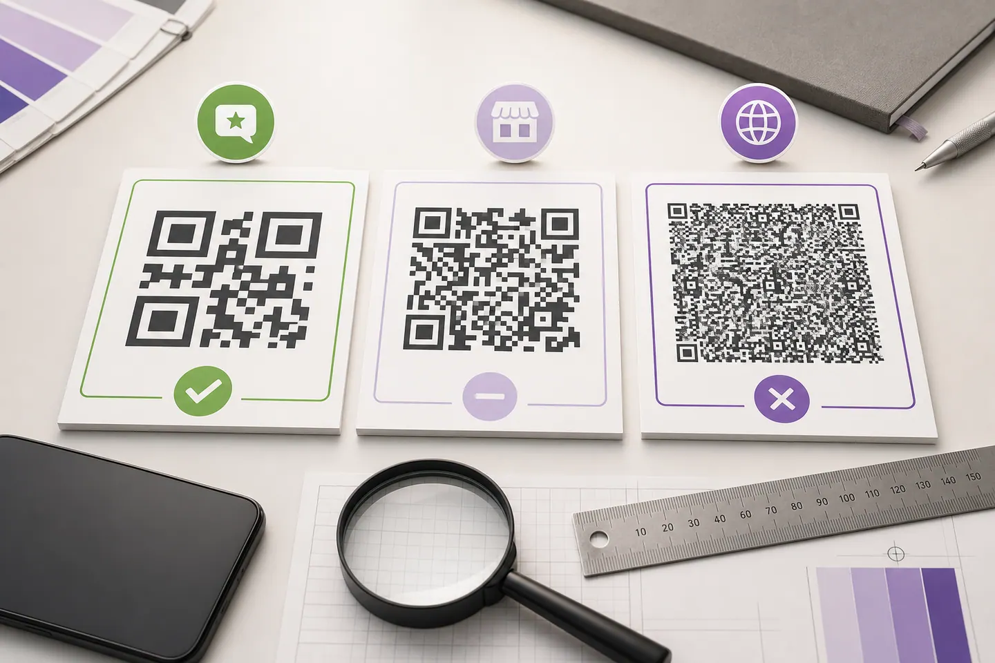 Compact review link, business listing link, and long browser address compared as increasingly dense QR codes
