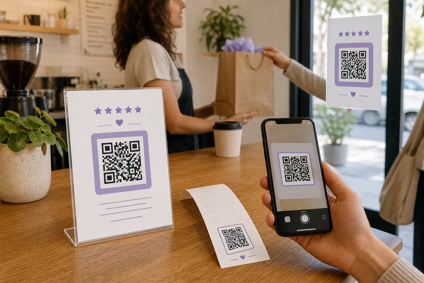 Review QR code displayed on a counter card, receipt insert, and exit sign without pressuring the customer