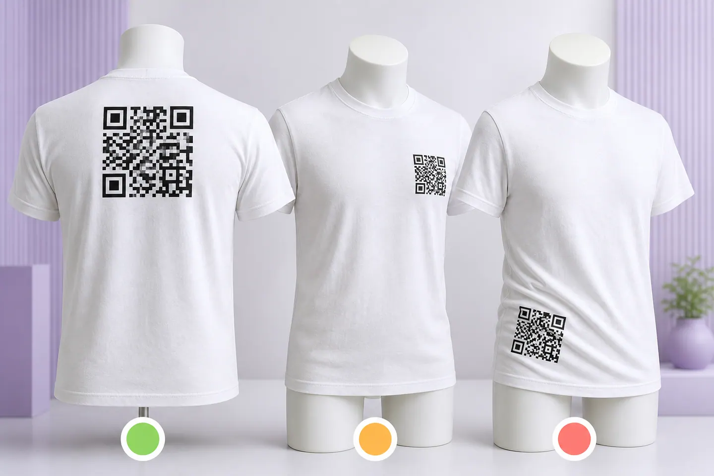 Upper-back, chest, and lower-side QR shirt placements compared for fabric distortion