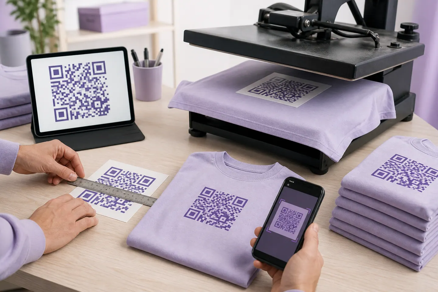 QR shirt artwork measured, heat-pressed, and scan-tested before batch printing
