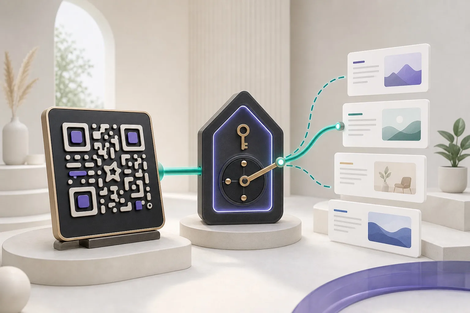 A printed QR plaque connected through an owned routing switch to several interchangeable webpages