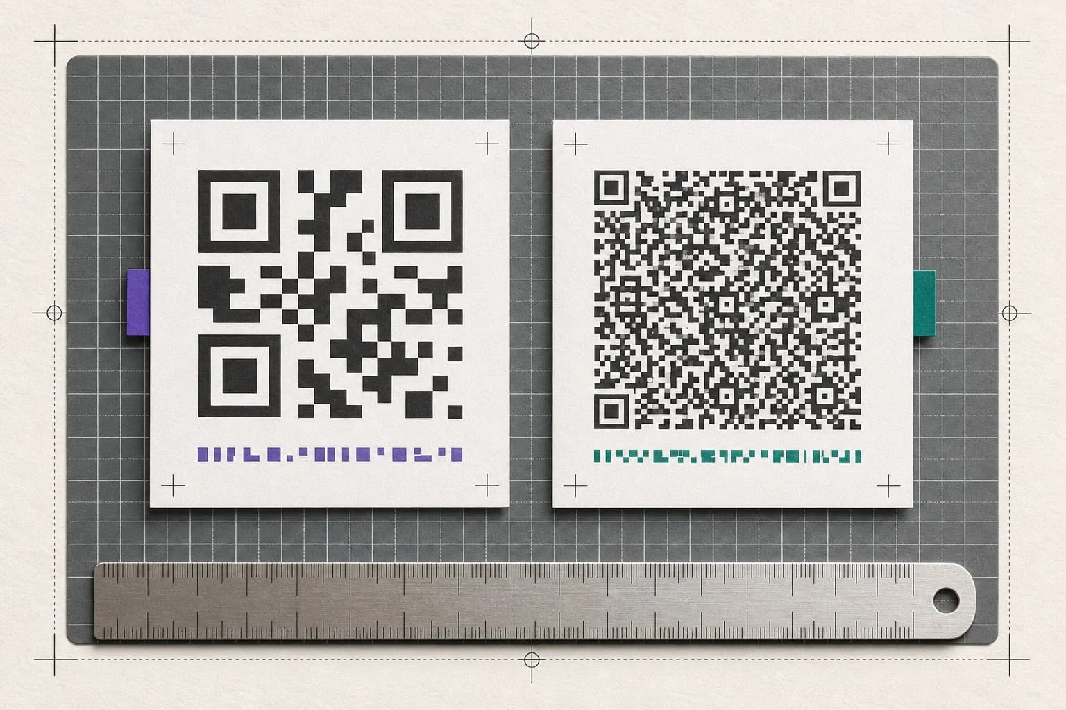 Two printed QR patterns showing large sparse modules beside small dense modules on a cutting mat with a ruler