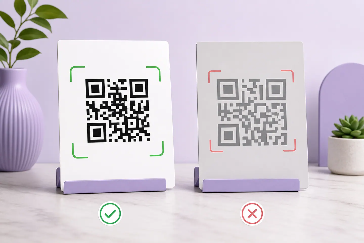 Readable high-contrast QR code compared with a pale code missing safe margins