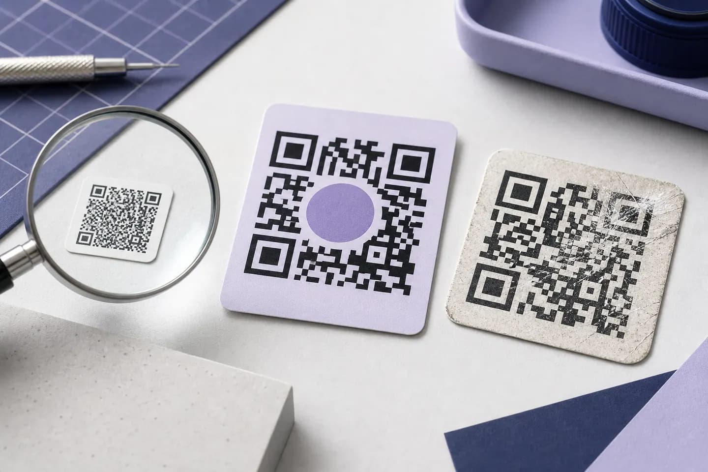 Tiny, logo-covered, and physically damaged QR codes inspected on a workbench