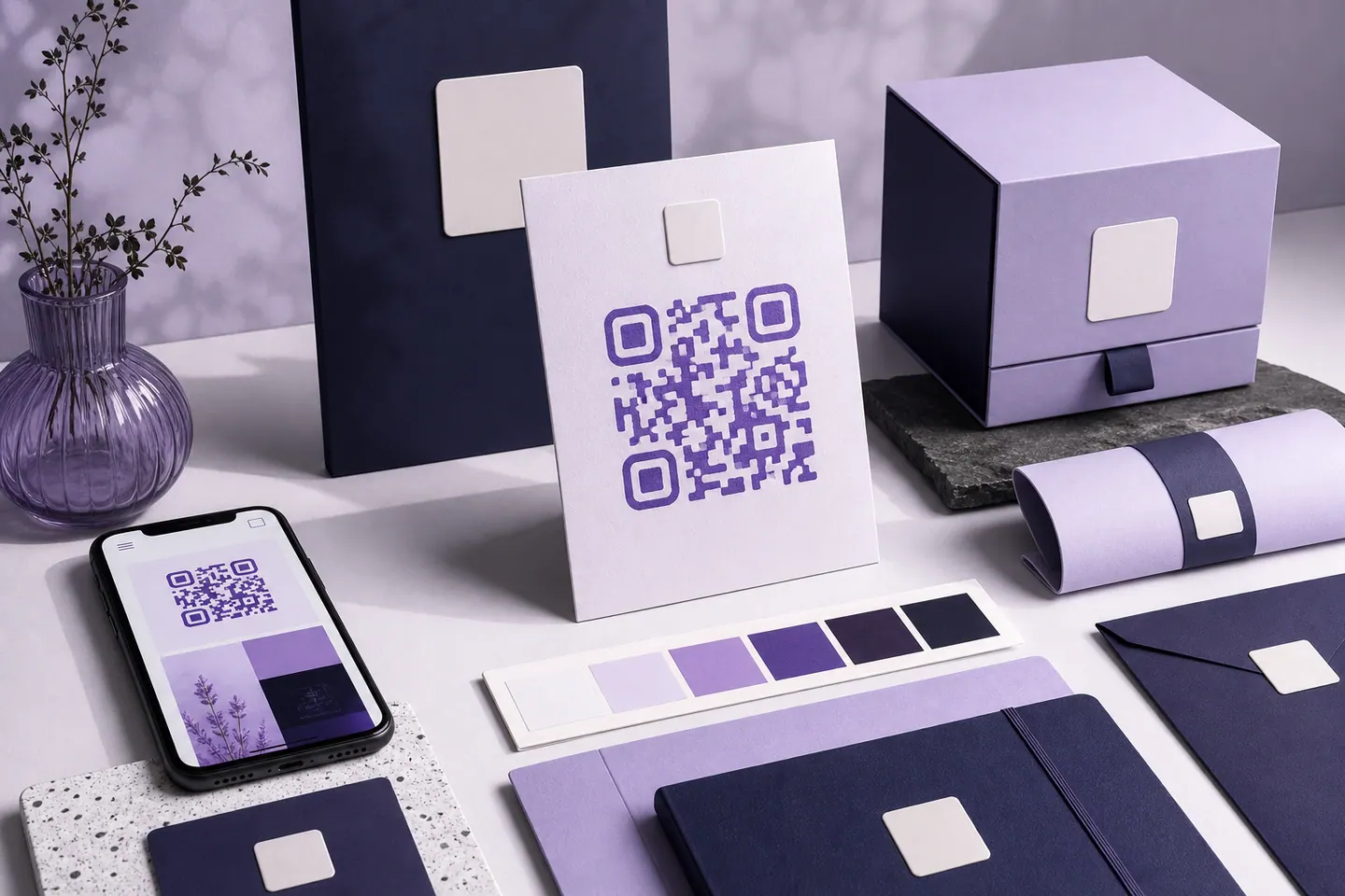 Coordinated brand identity system built around a violet QR code