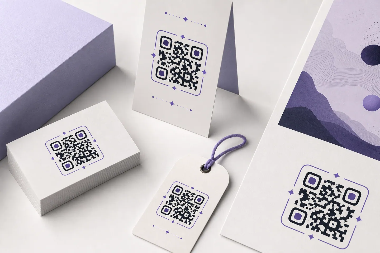 Matching QR codes applied to a business card, tag, table card, and poster