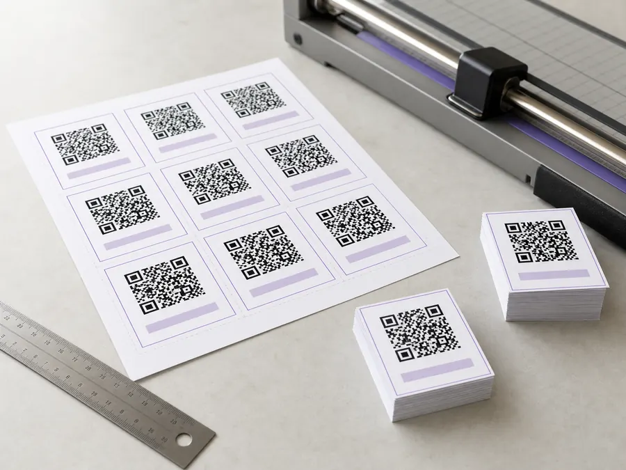 Printed sheet of labelled QR code cards beside a paper cutter and finished card stacks