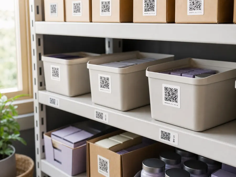 Organized stockroom bins and boxes marked with individual QR code inventory labels