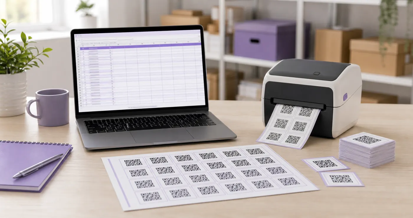 Laptop spreadsheet beside a label printer producing sheets of QR code labels for a bulk batch