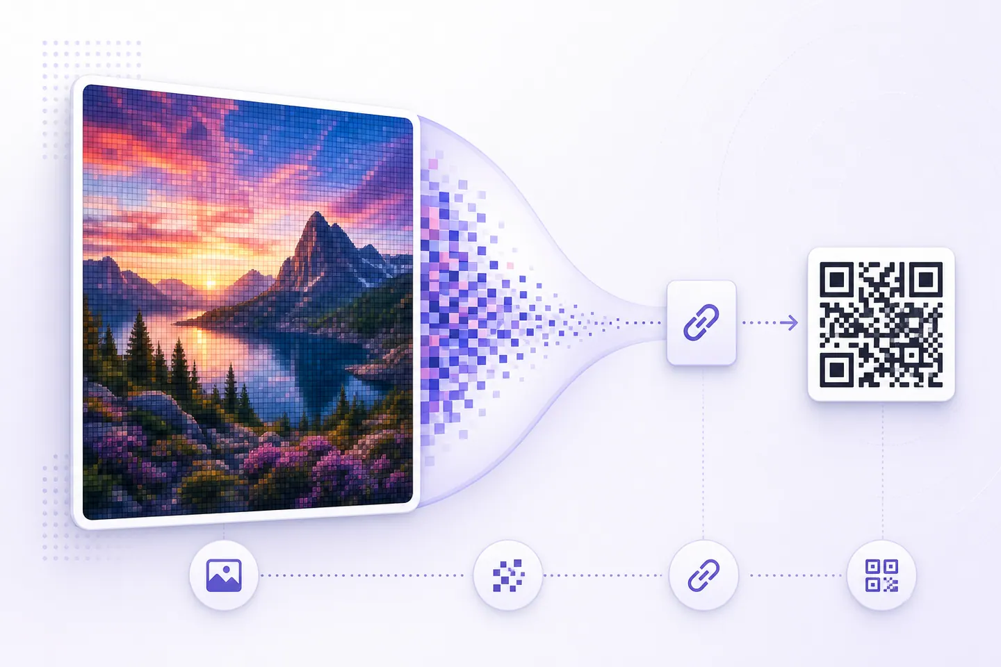 Large image data reduced to a compact hosted link before QR encoding