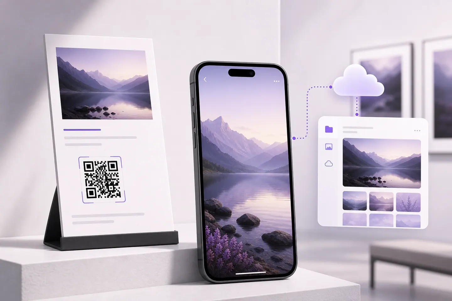 Gallery QR placard opening a hosted photograph on a smartphone