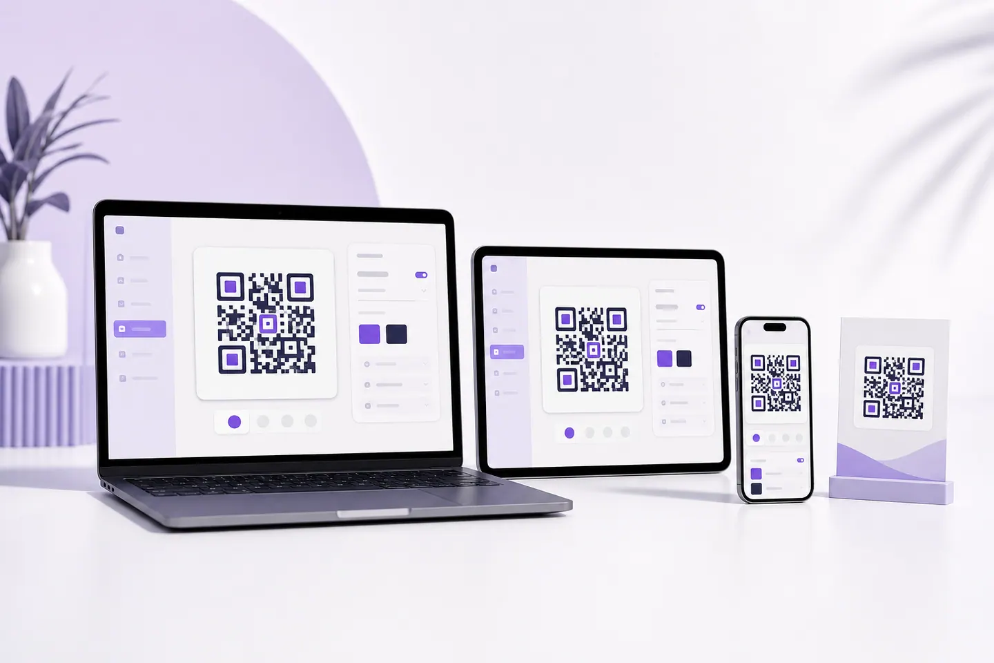 Offline QR creation on a laptop, tablet, and phone beside a printed code