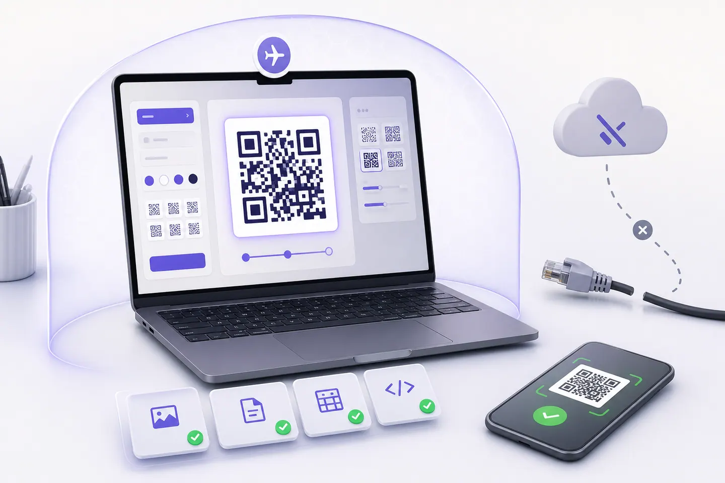 Laptop generating and verifying a QR code while disconnected from the cloud