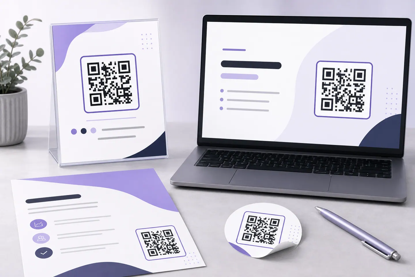 The same form QR code placed on a sign, presentation, flyer, and sticker
