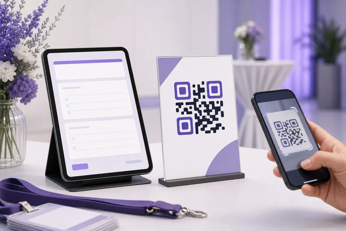 Event form displayed beside a QR sign being scanned with a phone