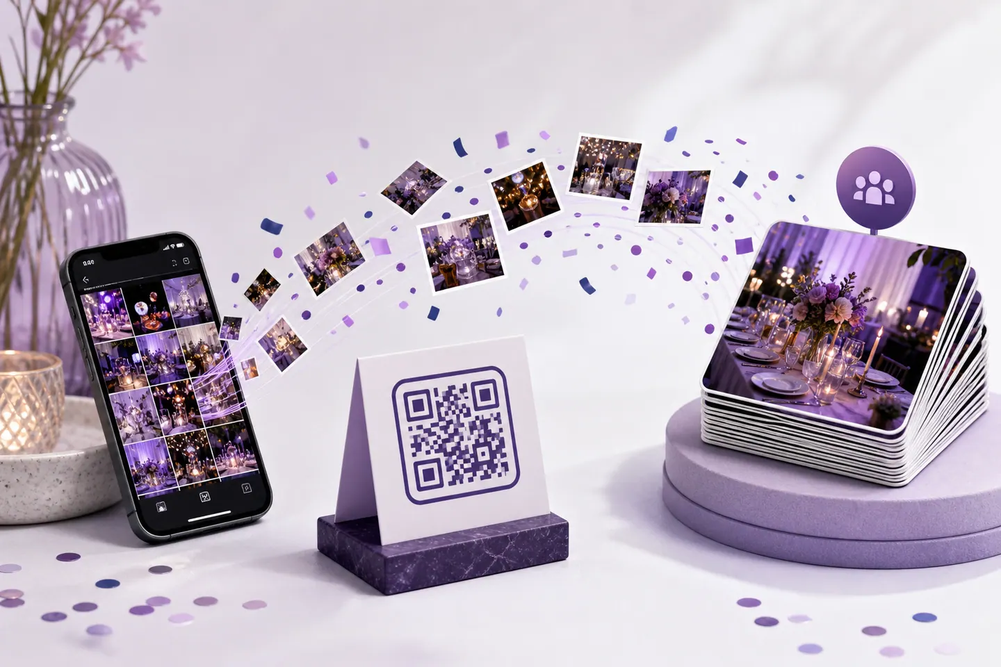Guest photos flowing through a party QR code into a shared gallery