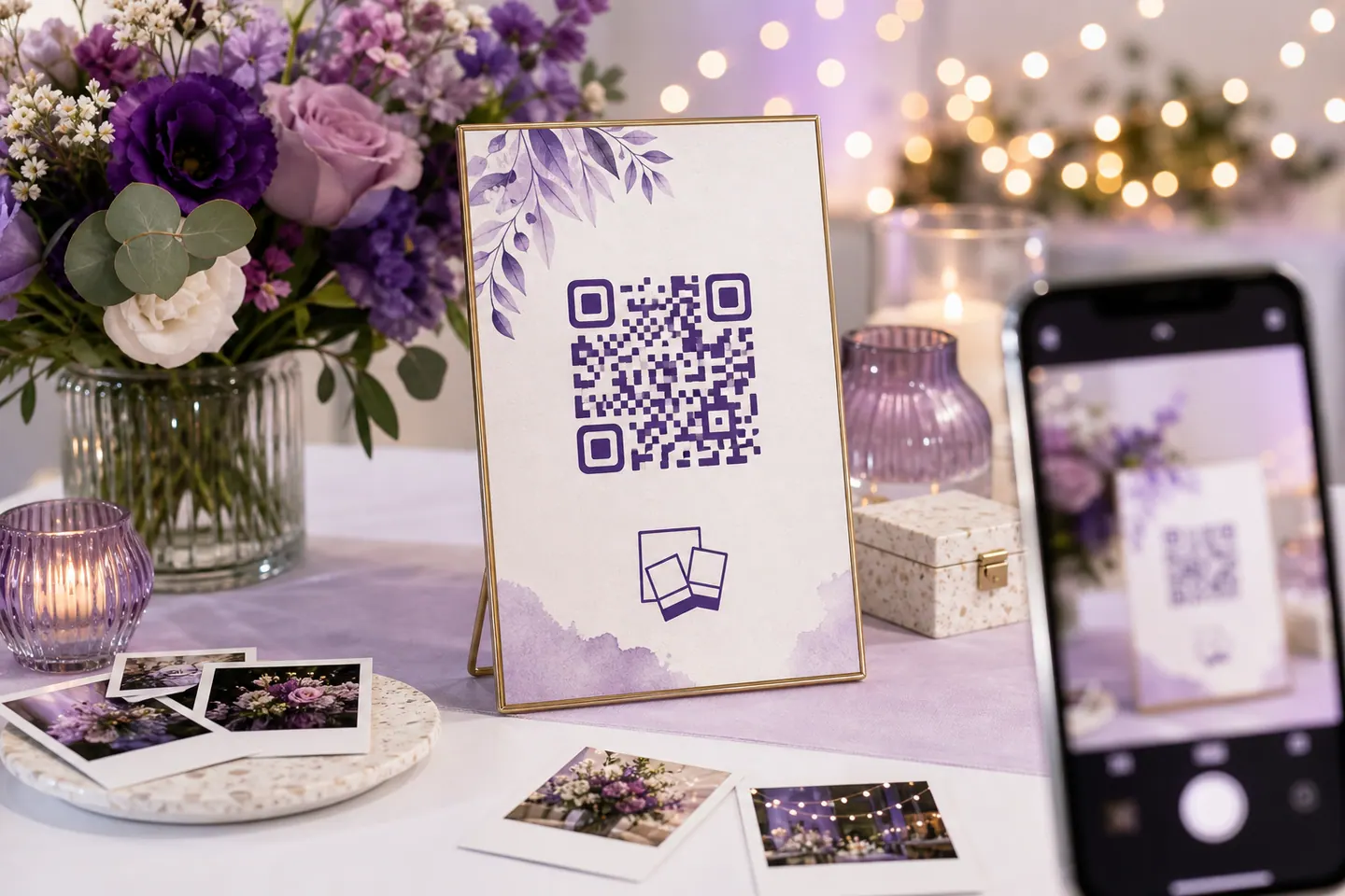 Elegant party table with a QR photo-sharing sign and phone camera