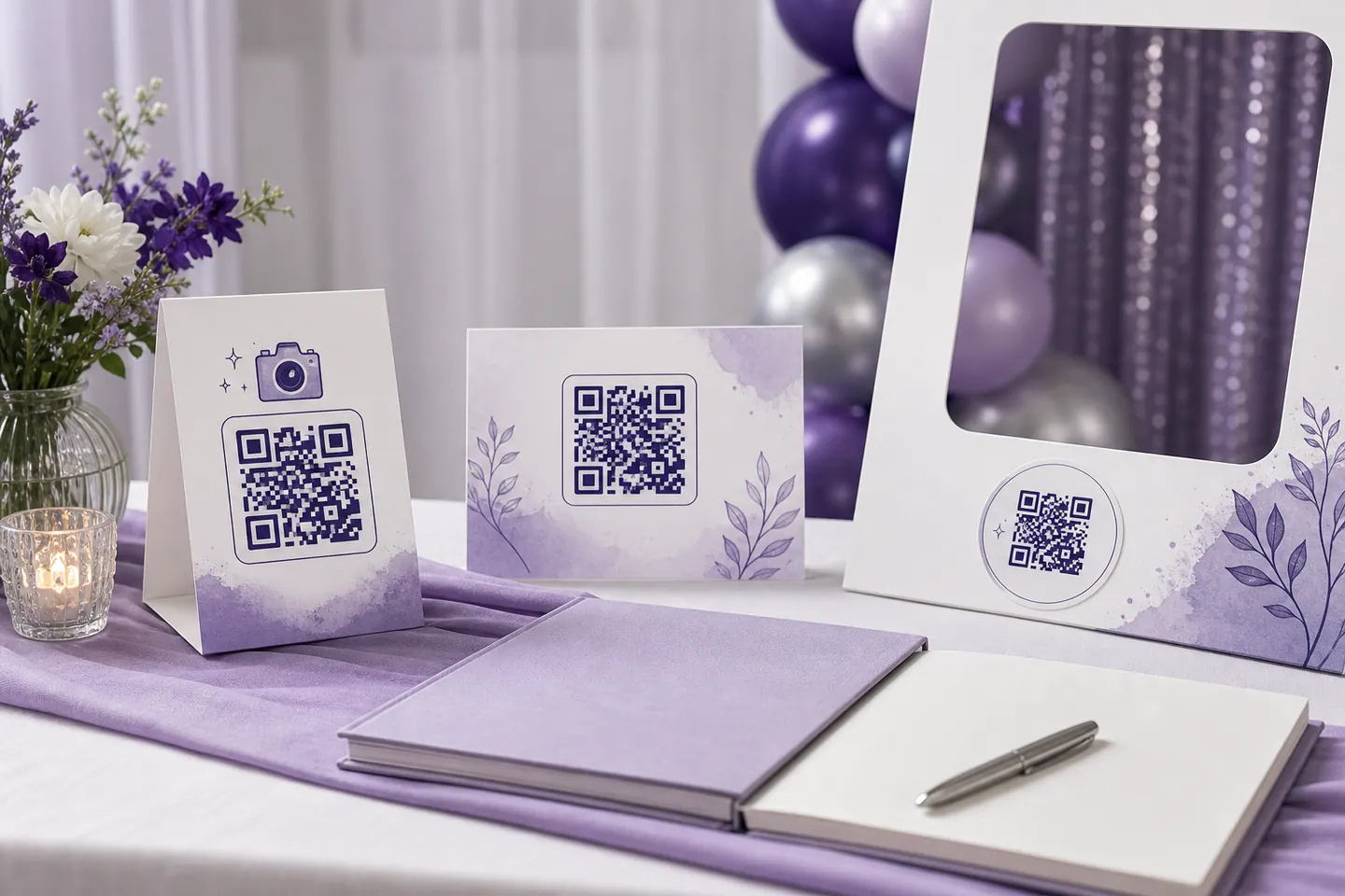 Party photo QR code placed by a guest book, table, and photo booth