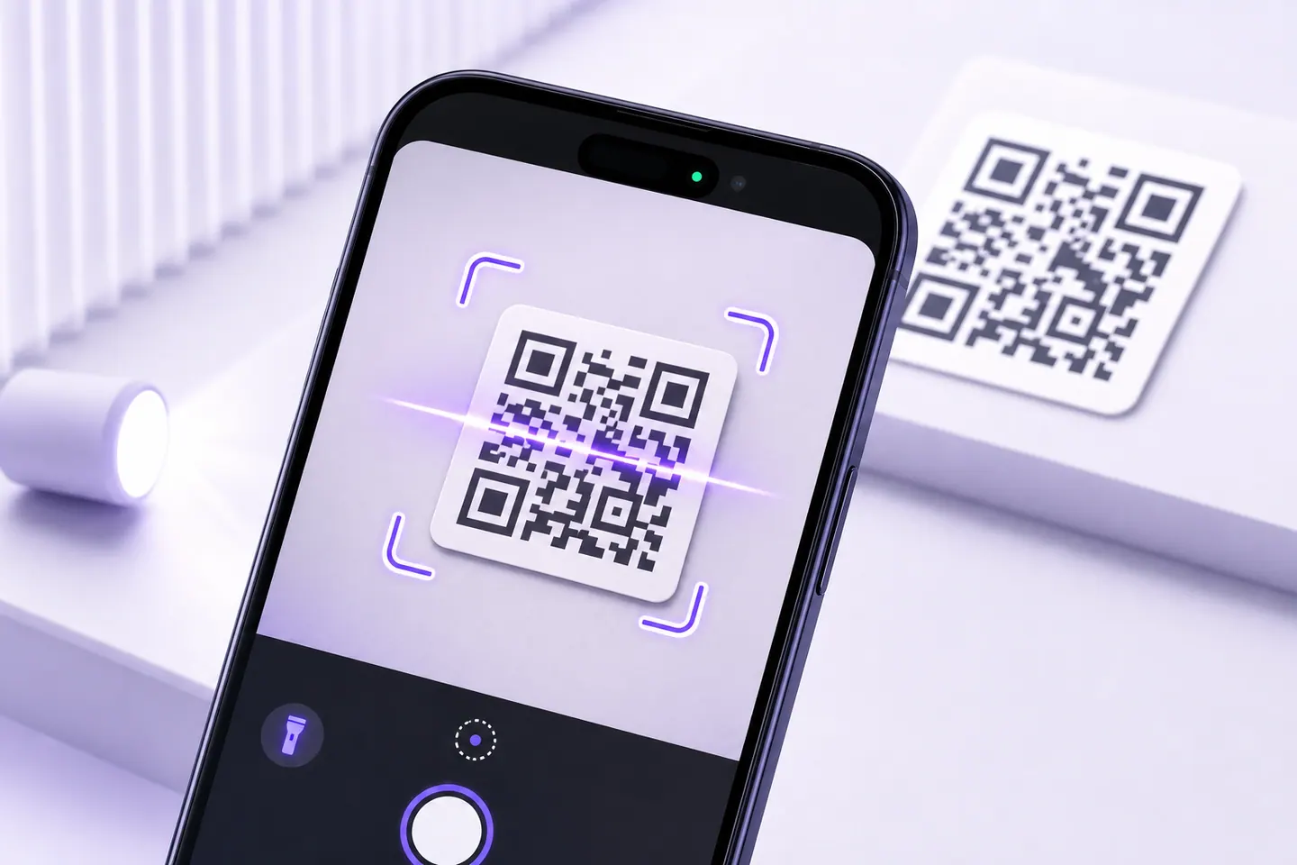 Phone camera aligning a QR code with focus brackets and flashlight support