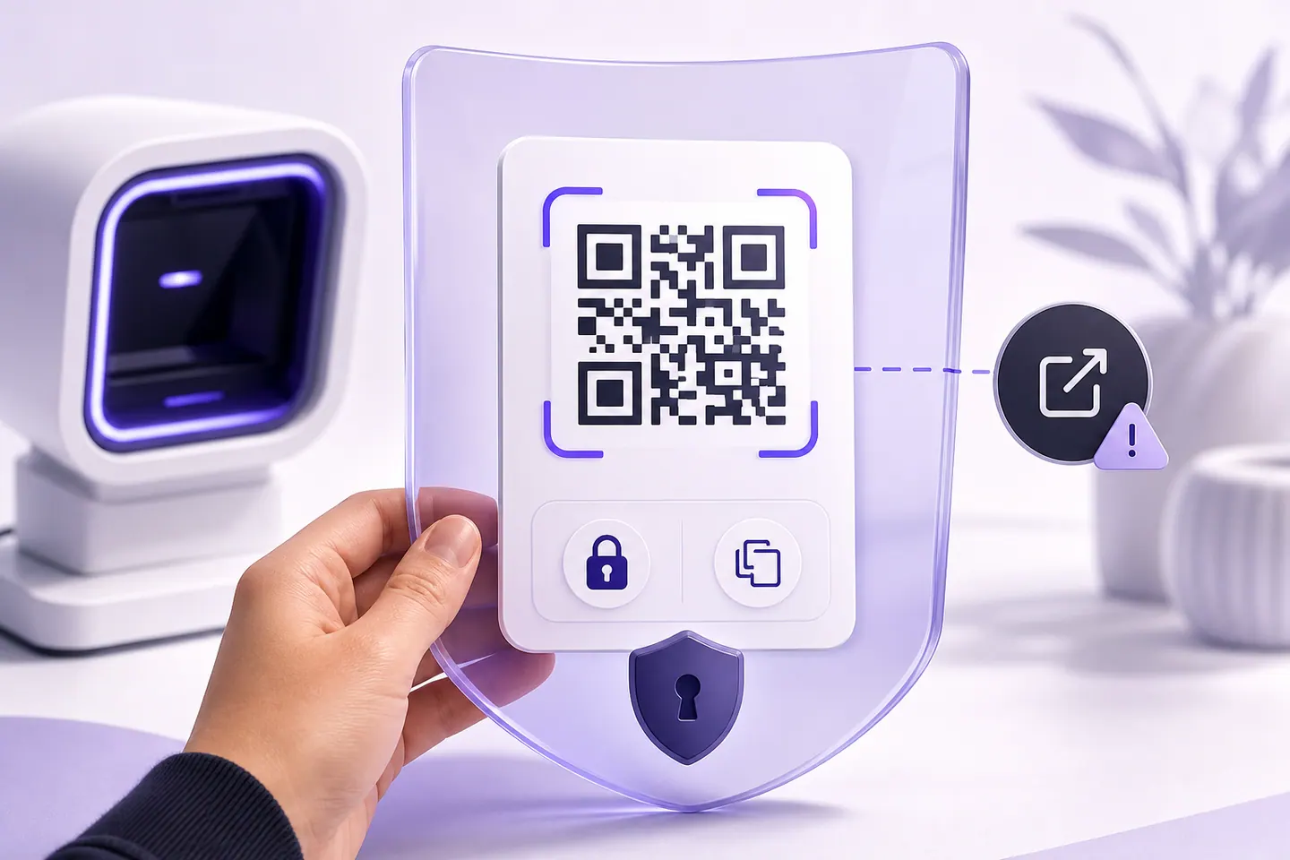 Decoded QR result protected by a privacy shield with safety controls